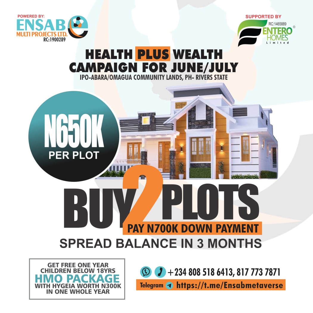 Ensabcommunity's tweet photo. THE JUNE/ JULY
BUY A LAND TO GET FREE HMO ENDS SUNDAY  JULY 31ST 2022

Call or send a whatsapp to 08177737871 to grab this offer NOW!

Or click link in bio ☺️ https://t.co/kdkh6EGAg8