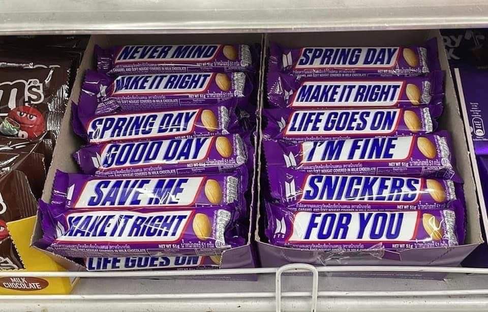njkoospanda's tweet photo. imagine being a bts anti and you’re not feeling like yourself so you wanna eat a snickers and you see this https://t.co/aUS8F7W2Hf