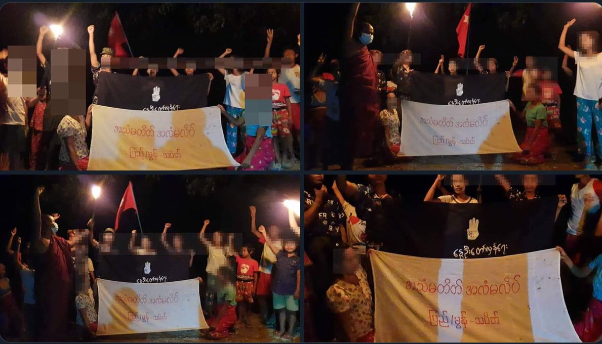 Kayar01MM's tweet photo. Despite having difficulties, the Pyigyitakun’s night strike led by a monk who is charged under section 505 (A) , was continued successfully today.   #2022July29Coup #WhatsHappeningInMyanmar https://t.co/0ctfVr5FRR