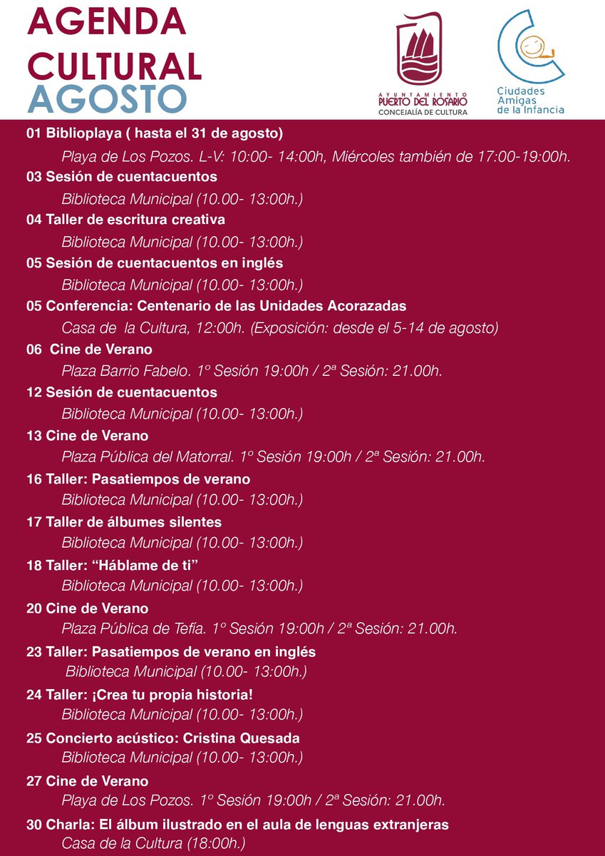 Agenda cultural de agosto, un mes dedicado a los más pequeños y donde predominarán los maravillosos talleres creativos dirigidos por <a href="/cristinaq_pop/">Cristina Quesada</a> y el cine de verano itinerante. Además la Biblioplaya seguirá activa hasta final de mes.

<a href="/PuertoRosario/">Ayuntamiento de Puerto del Rosario</a> 
<a href="/JuanJimenezGo/">Juan Jiménez González</a>