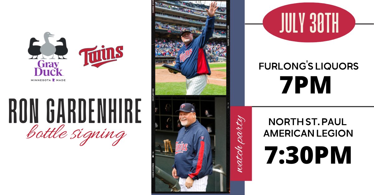 grayduckspirits's tweet photo. Come on out to @furlongsliquor on Saturday and meet Ron Gardenhire and get your bottles signed! Then head over to the American Legion in North St. Paul and watch the game with our former manager!
#gettheduckout #mntwins #gardy https://t.co/0F42W10xRj