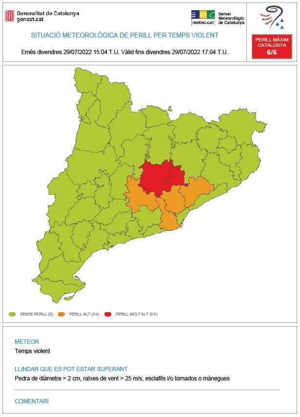 meteocat's tweet image. ⚠ El Servei Meteorològic de Catalunya ha emès un avís per temps violent (#avisosSMP) ⚠

➡ Dv. 15.04 h  - 17.04 h. T.U 

➡ Possibilitat de pedra de diàmetre &amp;gt; 2 cm, ratxes de vent &amp;gt; 25 m/s, esclafits i/o tornados o mànegues