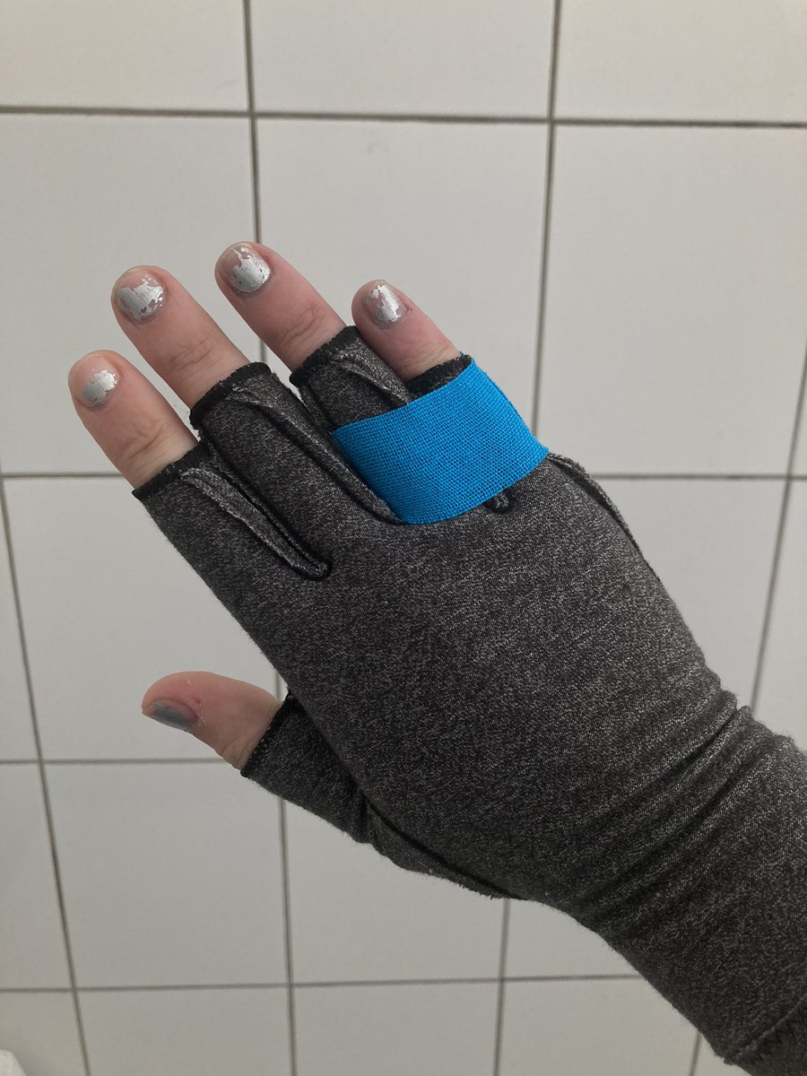 seafoamghost's tweet photo. top tip: if you need to tape your fingers together for stability/splinting but are allergic to tapes/don’t like the stickiness (hi) you can kt tape over a compression glove https://t.co/PIjPyI0SjE
