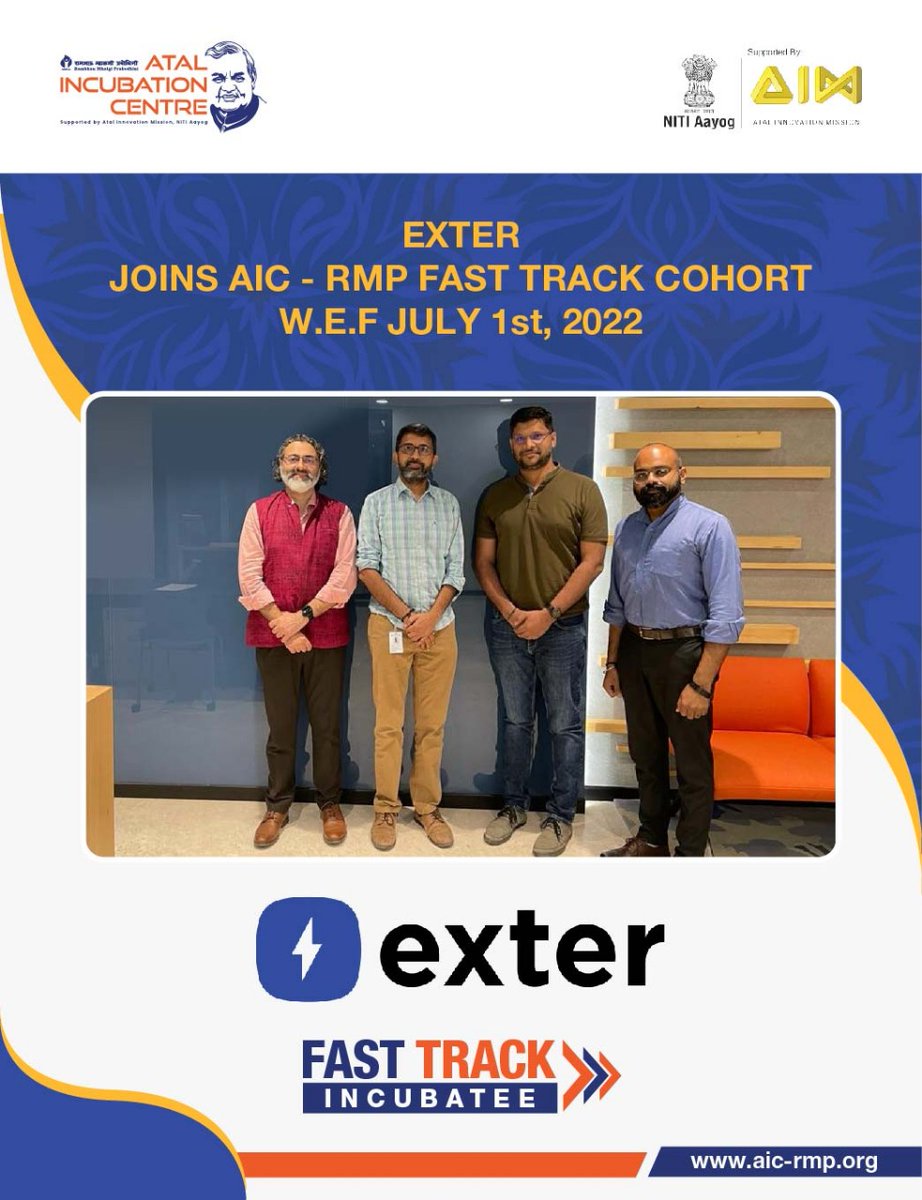 AicRmp's tweet photo. Glad to welcome Exter as our first Fast Track Cohort incubatee. This Program is designed &amp; created specially for committed Founders &amp; startups at traction phase from identified thrust areas/sectors.
Thanks Sanjay Gopinath MathWorks for hosting during the initial meeting in April https://t.co/6Jl0J8PheZ
