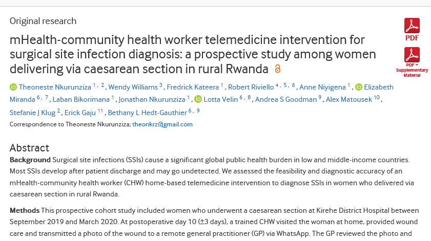 Bethany Hedt-Gauthier, PhD (@bhedtgauthier) on Twitter photo mHealth-CHW telemedicine intervention for surgical site infection diagnosis among women delivering via c-section in rural Rwanda
Congrats <a href="/Theonkurunziza/">Théoneste NKURUNZIZA, PhD</a> et al for this important work. 1/2
<a href="/PIH/">Partners In Health</a> <a href="/PIH_Rwanda/">PIH_Rwanda</a> <a href="/HarvardPGSSC/">Harvard Global Surgery</a> <a href="/GHResearchCore/">Global Health Research Core</a> <a href="/TU_Muenchen/">TU München</a>
gh.bmj.com/content/7/7/e0… mHealth-CHW telemedicine intervention for surgical site infection diagnosis among women delivering via c-section in rural Rwanda
Congrats <a href="/Theonkurunziza/">Théoneste NKURUNZIZA, PhD</a> et al for this important work. 1/2
<a href="/PIH/">Partners In Health</a> <a href="/PIH_Rwanda/">PIH_Rwanda</a> <a href="/HarvardPGSSC/">Harvard Global Surgery</a> <a href="/GHResearchCore/">Global Health Research Core</a> <a href="/TU_Muenchen/">TU München</a>
gh.bmj.com/content/7/7/e0…