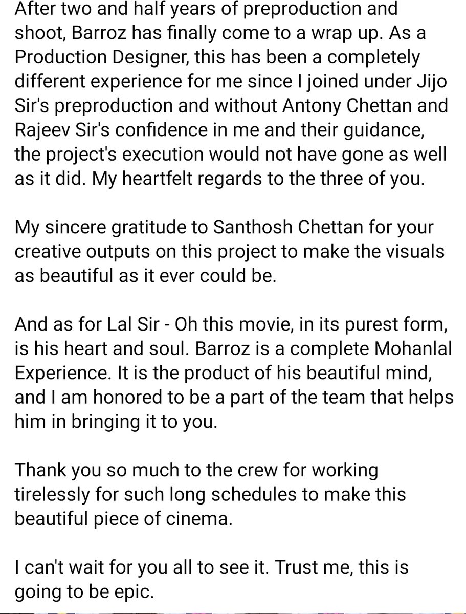 #barrozz movie art director #santhoshraman post about #baraozz movie journey after its shoot packup today in chennai 🤞