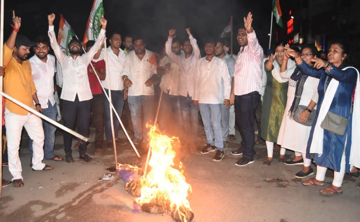 IYC's tweet photo. . @iyctripura carried out a symbolic protest in Agartala, burned the effigy of Smriti Irani and demand her apology for her inhumane behaviour toward our leader Smt Sonia Gandhi Ji earlier in Parliament. https://t.co/Z7zHUwOdCg