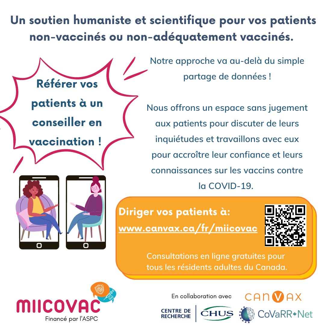 👩🏾⚕️ Êtes-vous un professionnel de la santé à la recherche de moyens pour sensibiliser vos patients aux vaccins contre la COVID-19?
Voici une ressource centrée sur le patient pour répondre à leurs questions!
Pour en savoir plus et orienter vos patients:
canvax.ca/fr/miicovac