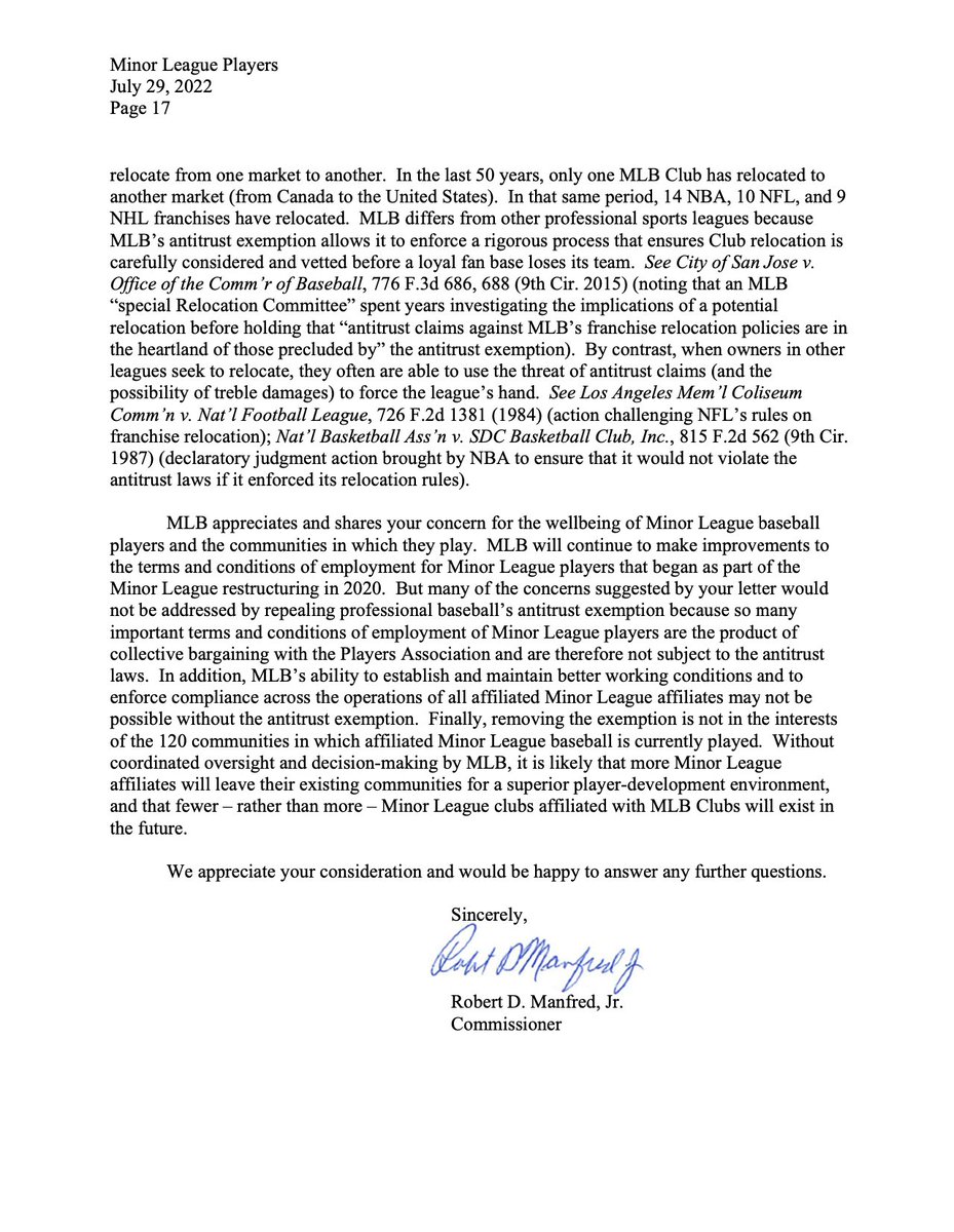 joonlee's tweet photo. Rob Manfred wrote a 17-page response to the Senate Judiciary Committee's inquiry into the antitrust exemption's effect on the minor leagues

He argues that without the antitrust exemption, fewer minor league teams will exist in the future

Story coming to https://t.co/9R0lQQu9Jd https://t.co/QbrkBo6zUj