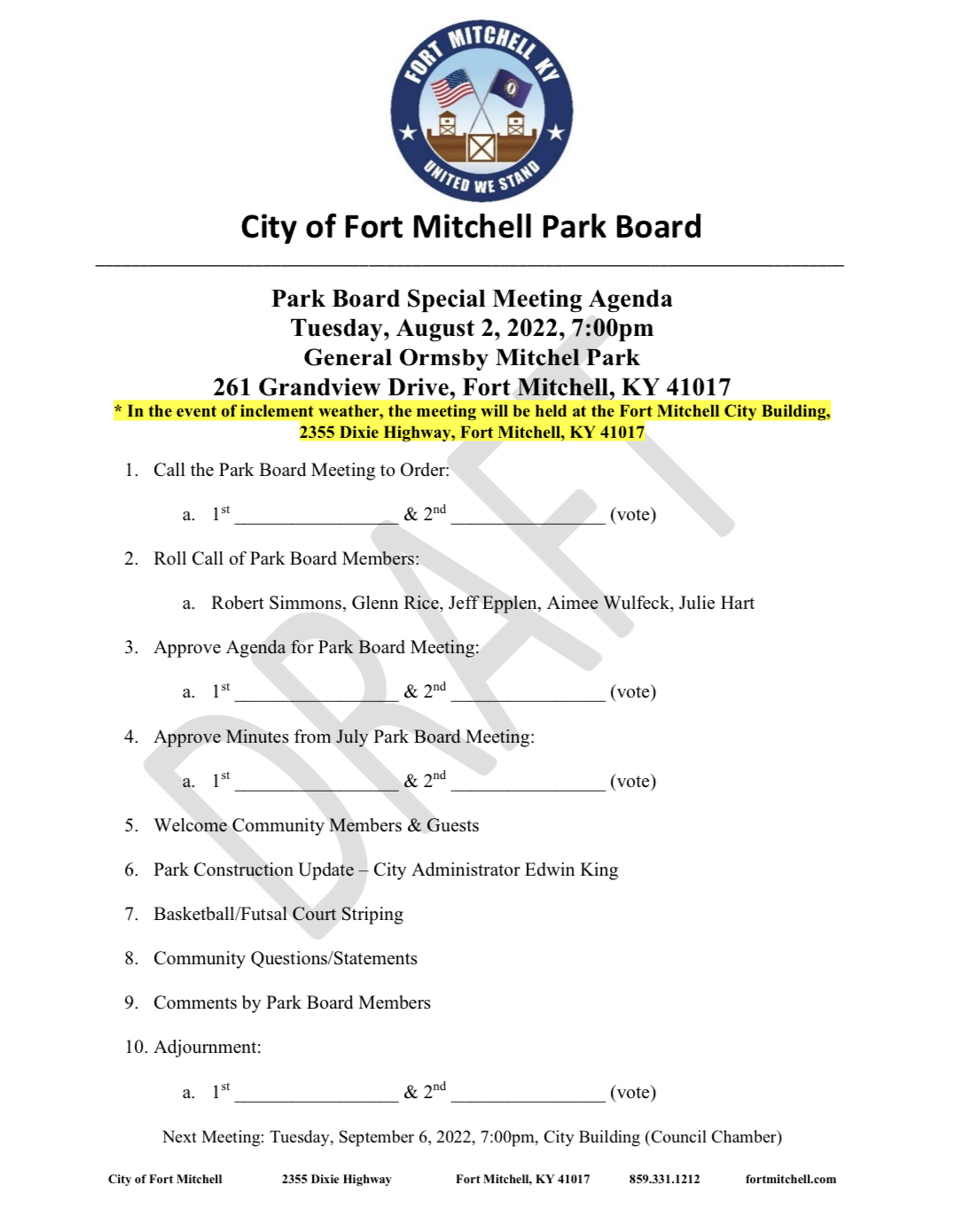 City of Fort Mitchell on Twitter "The Park Board special meeting is