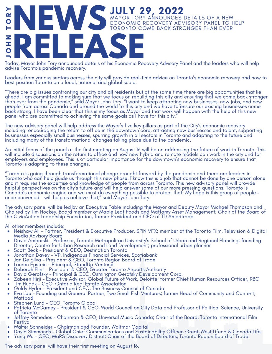 Today, I announced details for my Economic Recovery Advisory Panel and the leaders who will help advise Toronto’s pandemic recovery.