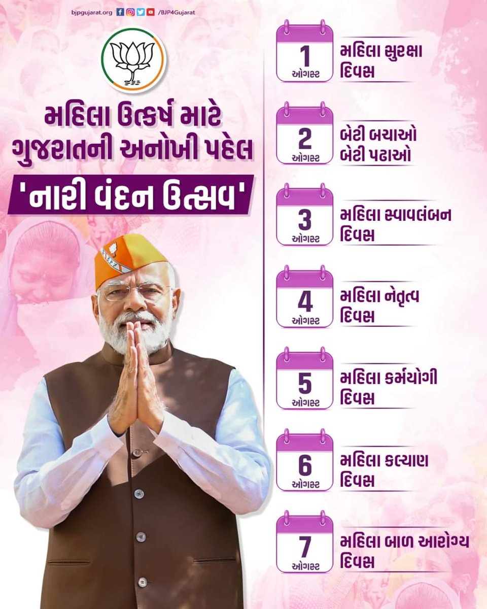 purneshmodi's tweet photo. 🤵🏻‍♀️ મહિલા ઉત્કર્ષ માટે ગુજરાતની અનોખી પહેલ 

🤵🏻‍♀️ તારીખ 1થી 7 ઓગસ્ટ સુધી ઉજવવામાં આવશે 'નારી વંદન ઉત્સવ' https://t.co/EdPL04zBm8