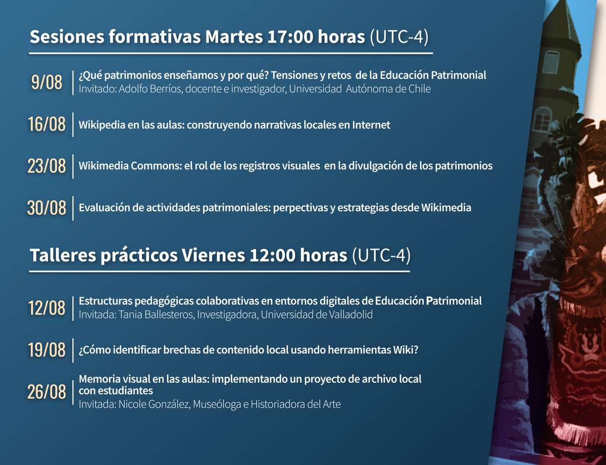 🧑‍🏫¡Atención docentes! Si trabajas en #EducaciónPatrimonial, súmate a este ciclo gratuito de formación. Entregaremos guías y recursos para enseñar sobre patrimonio local usando herramientas #Wikimedia

*Modalidad virtual
*Se entregará certificado
+info: bit.ly/EducacionPatri…