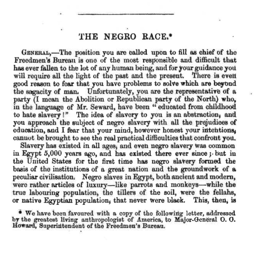 TalentOverHype's tweet image. Letter from Anthropologist Josiah C. Nott to General O. O. Howard, Superintendent Of The Freedman’s Bureau.
Entitled “The Negro Race”,
We are a specific peoplehood subjugated because of Negro blood.
@blackdetta @only1showers @FreshLifeFarms7 @SonnyG44 @Marcel4Congress