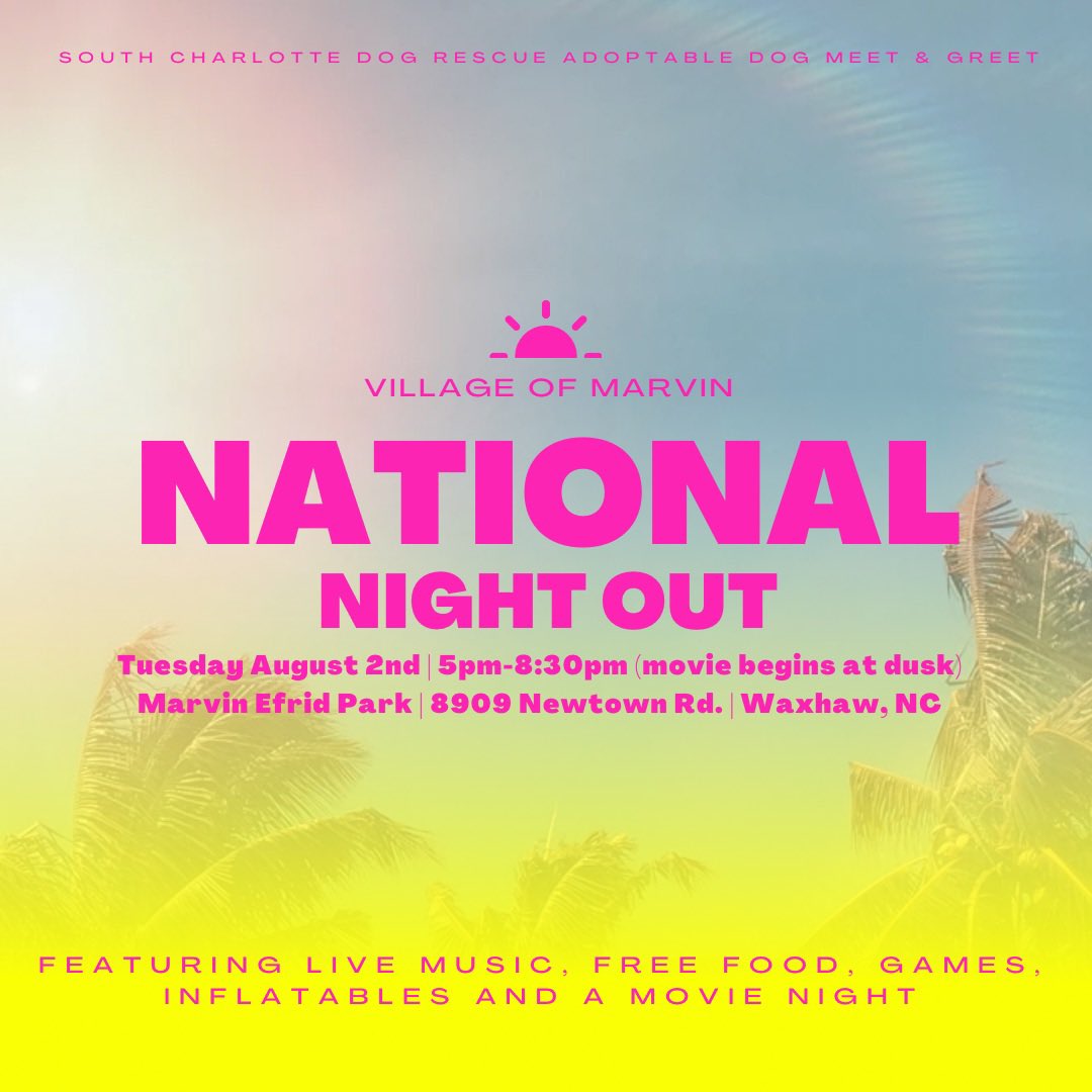 SCDRCrew's tweet photo. Mark your calendars to come out for a night of fun for all ages on Tuesday at Marvin Efrid Park put on by Village of Marvin Government! SCDR volunteers &amp; fosters will be there with some of our adoptable dogs for you to meet &amp; greet with. All are welcome! #adoptdontshopnc https://t.co/4AbvhZaT4i