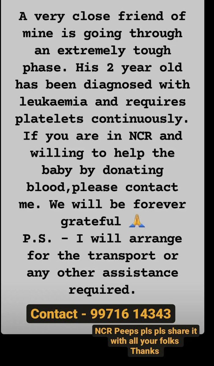 Urgently need platelet donors for a 2 year old child with Leukemia admitted at Gangaram Delhi. Please please circulate for better reach! 

<a href="/AdityaRajKaul/">Aditya Raj Kaul</a> <a href="/SonuSood/">sonu sood</a> <a href="/SoodFoundation/">Sood Charity Foundation</a> <a href="/BloodNBSIndia/">National Blood Service</a> <a href="/KABWelfare/">KAB Welfare Foundation 🦋👣</a> <a href="/BloodDonorsIn/">Blood Donors India</a> <a href="/indiacares_2020/">India Cares</a> <a href="/itsmesabita/">Sabita Chanda</a> <a href="/IamAbhiMishraa/">Abhishek Mishra</a> <a href="/arunbothra/">Arun Bothra 🇮🇳</a>