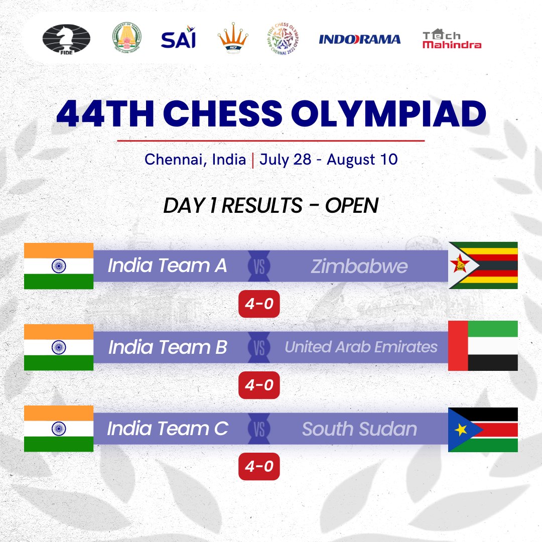 FIDE - International Chess Federation - 44th Chess Olympiad! #ChessOlympiad  July 28 - August 10 Chennai, India Games start at 15:00 IST, 11:30 CEST  Website: chessolympiad.fide.com Live: .com/fidechannel