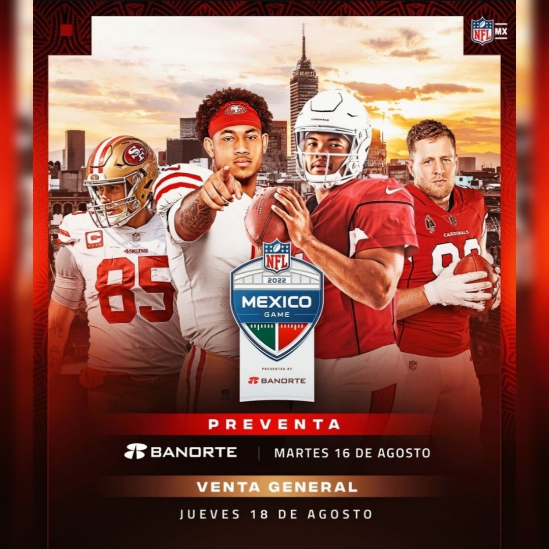 CapitalSportsFm's tweet photo. 🚨 OFICIAL 🚨

Se han revelado las fechas de preventa y venta general para el partido de la NFL entre los 49ers y los Cardinals en México 🤩🏈🇲🇽

#NFL #49ers #SanFrancisco #Cardinals #Arizona #NFLMéxico #CapitalSportsFM #NotiGAPE https://t.co/kW5Ru297c9