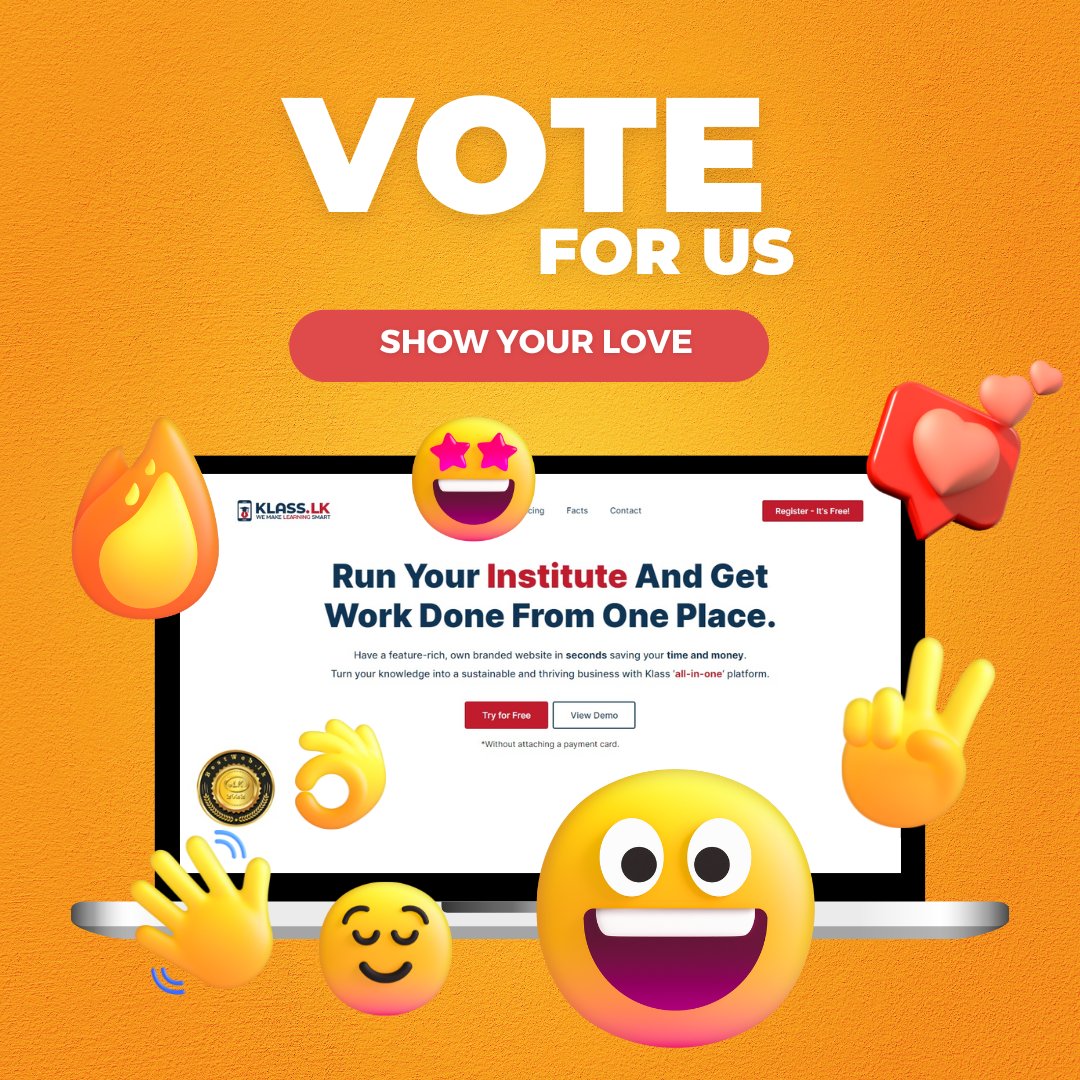 KlassLk's tweet image. Show some love ❤ by voting for us to become the best web Sri Lanka 2022.

Steps 👇

1. Go to vote.bestweb.lk/voting-categor…

2. Continue with Facebook or Register &amp;amp; Vote

3. Go to Business (SME) Websites

4. Find &amp;amp; Vote for klass.lk

#Klass #BestWeb2022