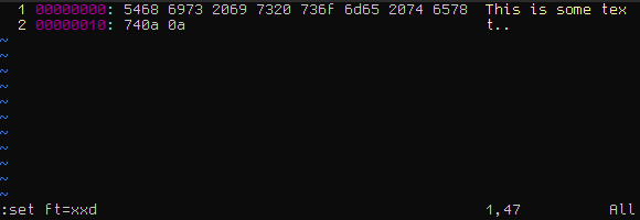 netspooky's tweet photo. Vim Hex Editor Tutorial

1. Open file, type `:%!xxd` to enter hex mode
2. Optional - Turn on hex syntax highlighting with `:set ft=xxd`
3. Make changes to the hex bytes
4. Leave hex mode with `:%!xxd -r`

Before anyone asks, exit vim with `:call libcallnr("libc​.so.6","exit",0)` https://t.co/gPSVhYwQmY