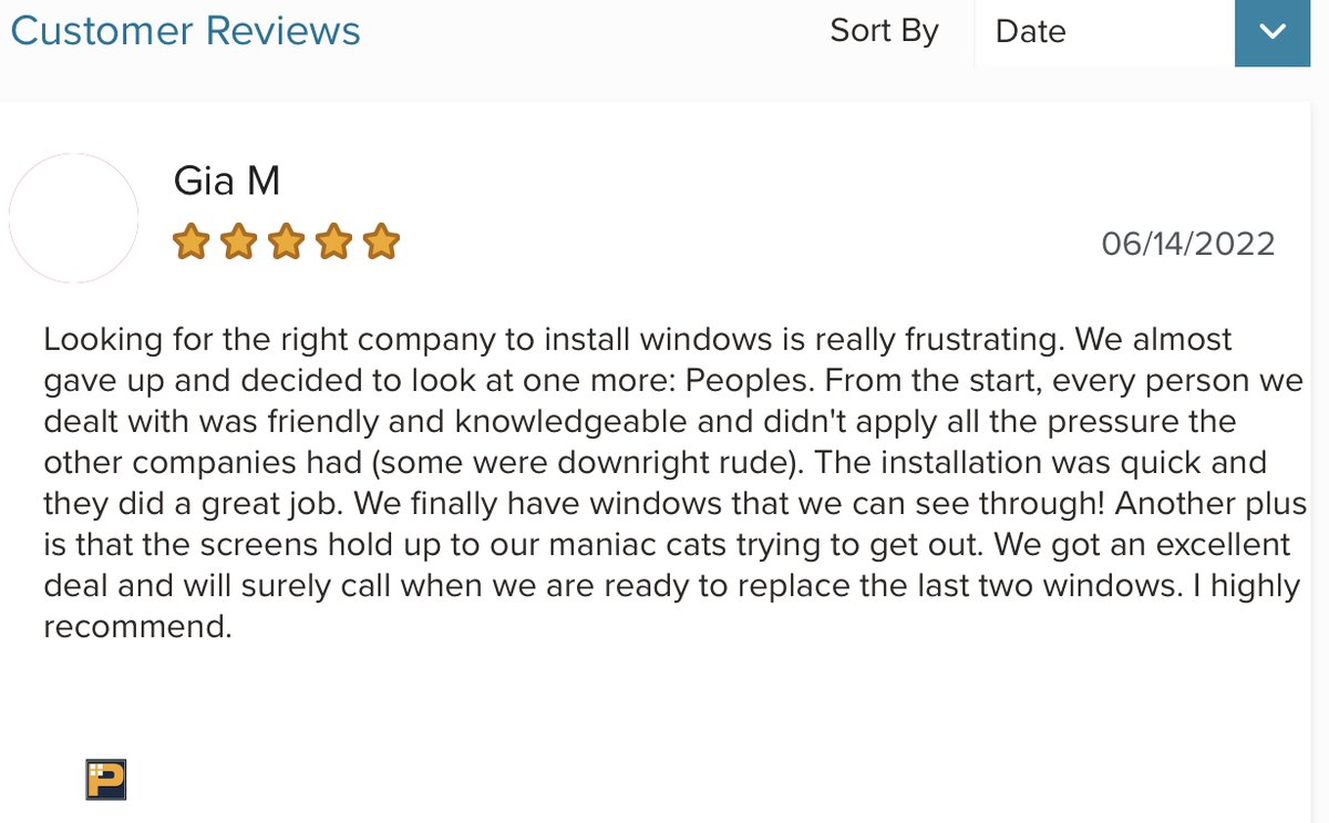 HR40Window's tweet photo. Finding the right company for you can be stressful, that’s why peoples products makes it easy. Thank you for your wonderful words Gia! Call 1-800-354-7660 or visit https://t.co/hkbCxwBxxG #windowsthatrock https://t.co/wseQshG00U
