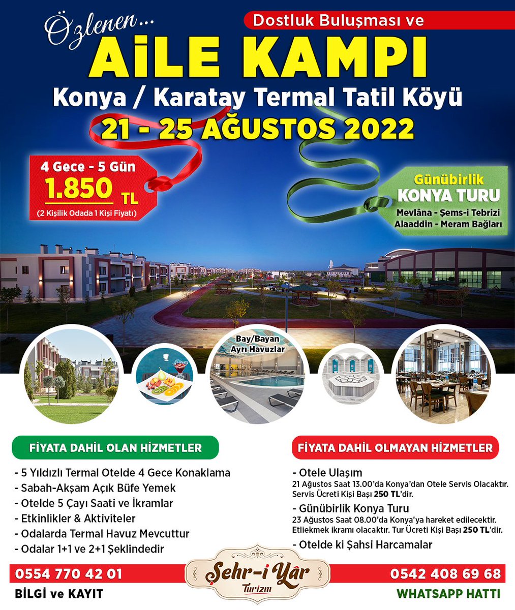 SehriyarTurizm's tweet photo. Yaz yeni başlıyor, Tatil için henüz geç değil...
Hem Uygun Fiyatlı, Hem de Şifalı Bir Tesis

ALKOLSÜZ AİLE OTELİ
Konya/Karatay Termal Tatil Köyü'nde
AİLE KAMPI ve DOSTLUK BULUŞMASI

#AileKampı #DostlukBuluşması #KaratayTermal #TatilKöyü #Ağustos #ŞehriYarTurizm  #AdemBilensarı https://t.co/66d1QoNcLE