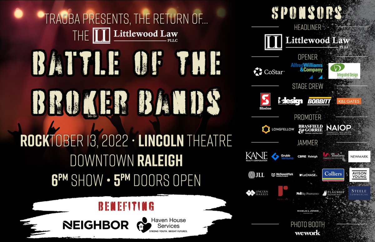 Tri Properties (@triproperties) on Twitter photo SAVE THE DATE!
Battle of the Broker Bands at Lincoln Theatre 10/13
Benefitting <a href="/n2noutreach/">Neighbor 2 Neighbor</a> and <a href="/HavenHouseNC/">Haven House Services</a>
Our very own Robin Anders will be playing with her band LowBrow including Jeff Sheehan, Bob Sar, Charles Raynal, Will Pittman, Frank Watson, Bill Mickel, and Todd Barr SAVE THE DATE!
Battle of the Broker Bands at Lincoln Theatre 10/13
Benefitting <a href="/n2noutreach/">Neighbor 2 Neighbor</a> and <a href="/HavenHouseNC/">Haven House Services</a>
Our very own Robin Anders will be playing with her band LowBrow including Jeff Sheehan, Bob Sar, Charles Raynal, Will Pittman, Frank Watson, Bill Mickel, and Todd Barr