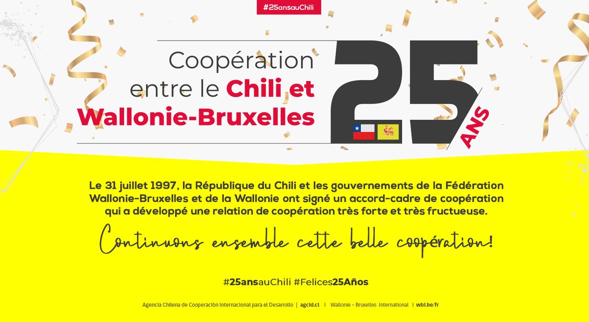 Hoy celebramos 25 años de cooperación entre AGCID y Wallonie-Bruxelles International <a href="/WBI_tweet/">WBI</a>.
Sigamos trabajando juntos!
Continuons ensemble cette belle coopération!
#25ansauChili #Felices25Años

Atentos a nuestras redes sociales...
