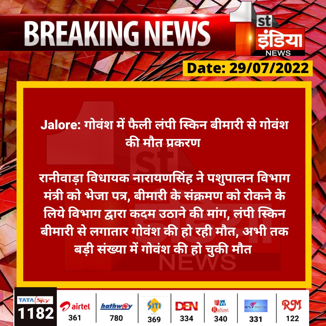 #Jalore: गोवंश में फैली लंपी स्किन बीमारी से गोवंश की मौत प्रकरण 

रानीवाड़ा विधायक नारायणसिंह ने पशुपालन विभाग मंत्री को भेजा पत्र, बीमारी के संक्रमण को रोकने के लिये विभाग द्वारा कदम उठाने की मांग...

<a href="/DmJalore/">District Collector & Magistrate, Jalore</a> <a href="/RajGovOfficial/">Government of Rajasthan</a> <a href="/KatariaLalchand/">Lalchand Kataria</a>