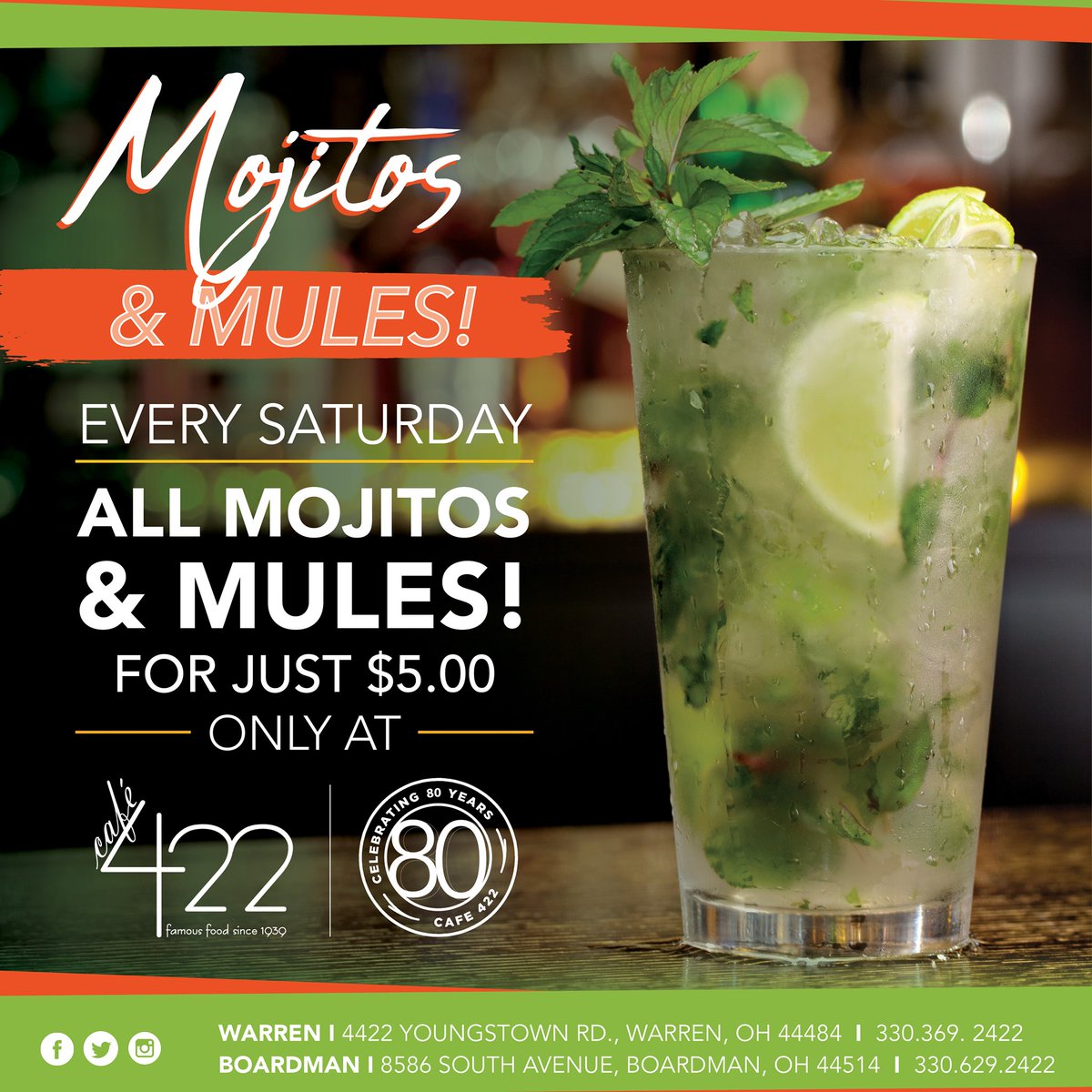 cafe422's tweet photo. Stop by for our $5 Mojitos and Mules at Cafe 422! https://t.co/400u3W6Fn2
