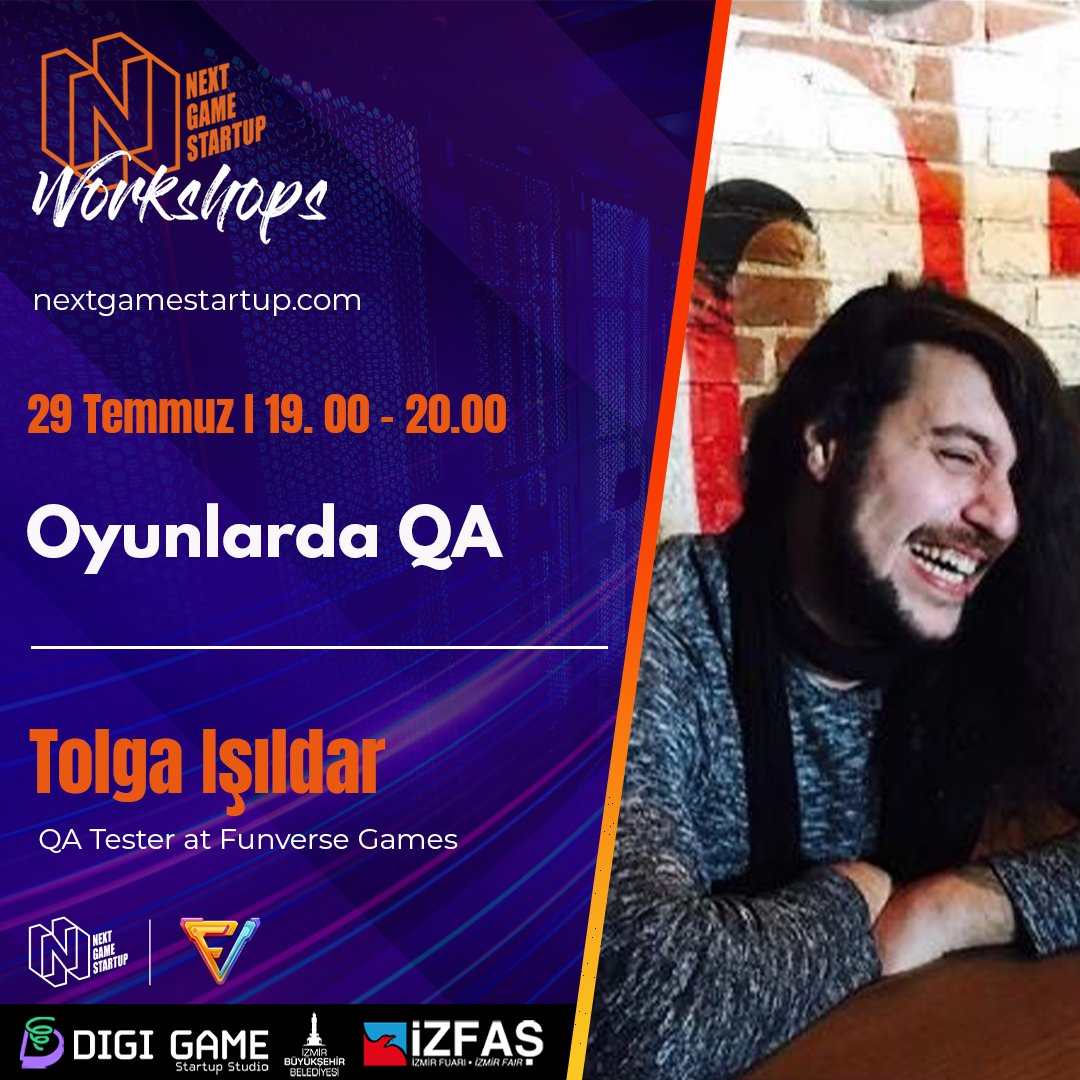 Workshoplarımız devam ediyoor! 🥳
Tolga Işıldar, oyunlardaki "Quality Assurance" konusunu ele alarak, Next Game Startup 2022 Oyun Girişimciliği yarışmasının girişimci adaylarına dikkat etmeleri gereken konuları anlatacak!

Bekliyoruz: us06web.zoom.us/j/84231090424?…