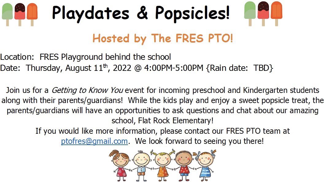 🍭🍥🍭 Calling all Pre K and rising Kindergartners!!  Please join us on the FRES playground for a play date and cool, sweet treat from the FRES PTO!  Check those mailboxes next week for your invite!  Looking forward to seeing you there! 🍭🍥🍭 <a href="/FRESWarriors/">Flat Rock Elementary</a>
