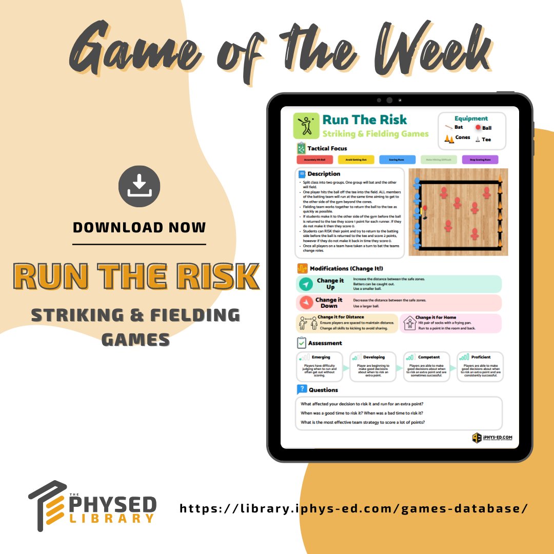 iPhys_Ed's tweet photo. Game Sheets for Run the Risk | Striking & Fielding Games
Learning Focus: Accurately Hitting The Ball, Avoid Getting Out, Scoring Runs, Stop Scoring Runs
Register now and download your game sheets at:โ
https://t.co/GtyPs2sFHhโ
#physicaleducation #sports #game #peresources https://t.co/cXgKI4Rpp5