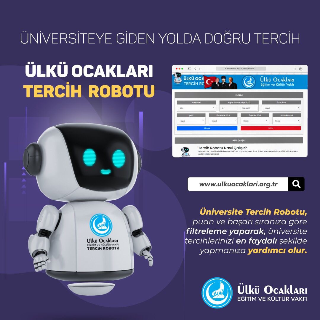200 Binden fazla gencimiz Ülkü Ocakları Tercih Robotu’nu üniversite tercihi için kullandı. 

Ülkü Ocakları #TercihRobotu sayesinde; puan türü, başarı sırası aralığı, üniversite türü, doluluk/statü gibi filtrelemeleri ile tercihinizde uzman rehberlik edinebilirsiniz.👩🏻‍💻🧑🏻‍💻