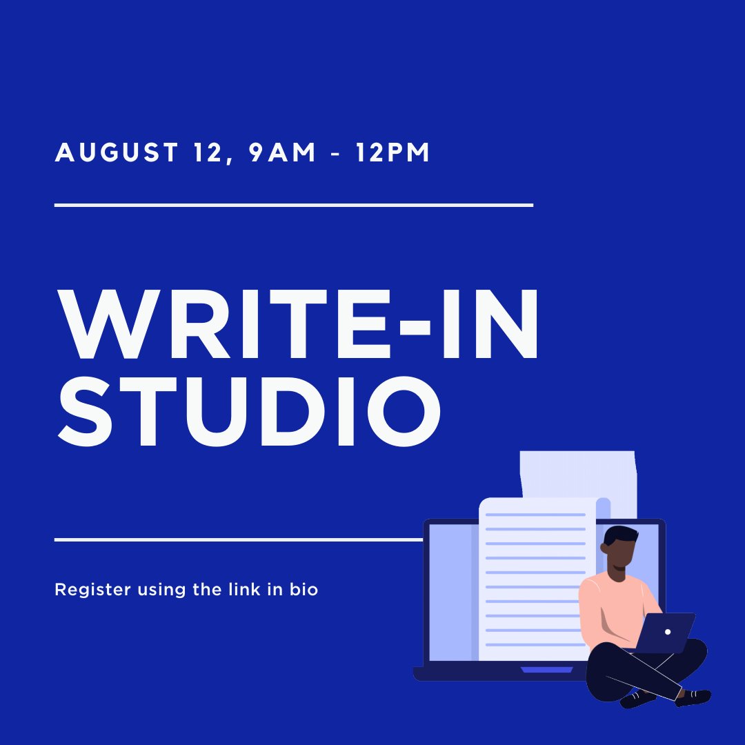 CguCwr's tweet photo. Attend the CWR's Write-In Studio on August 12th from 9am - 12pm!⁠

Show up with a project or deadline and the CWR consultant will help you navigate 2 focused hours of work and scheduled breaks. We look forward to guiding motivated work blocks with you. 

#cgucwr #writing #write https://t.co/sYMBAYRiiR