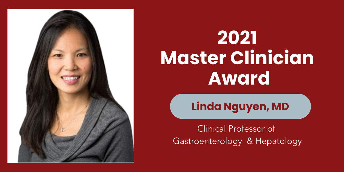 As the recipient of the 2021 Master Clinician Award, #StanDOM's @LindaNguyenMD (@Stanford_GI) is recognized for her outstanding commitment to patient care & exceptional expertise! Congratulations, Linda! stanford.io/3owi0Up