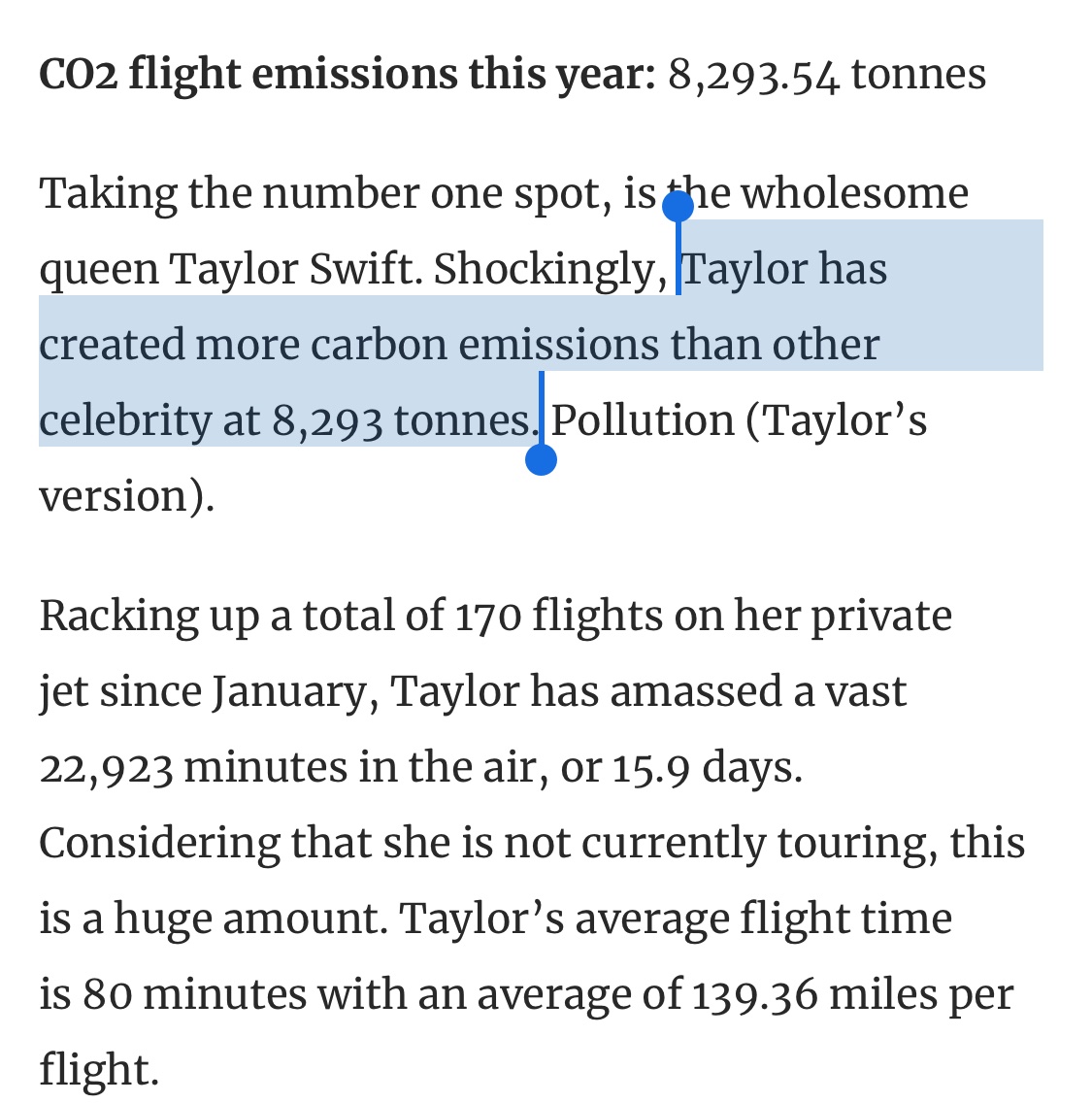 taylor swift has emitted more co2 this year than an average US american does within 550 years and more than a person from india in over 4,300 years