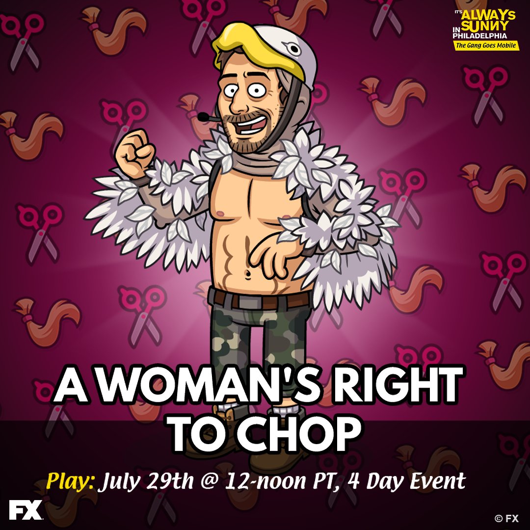 AlwaysSunnyGame's tweet image. "A Woman's Right to Chop" is LIVE! Join the Gang on an adventure to stop Philly's trendiest new salon, and unlock Birds of War Charlie for your efforts. 🤩✂️
