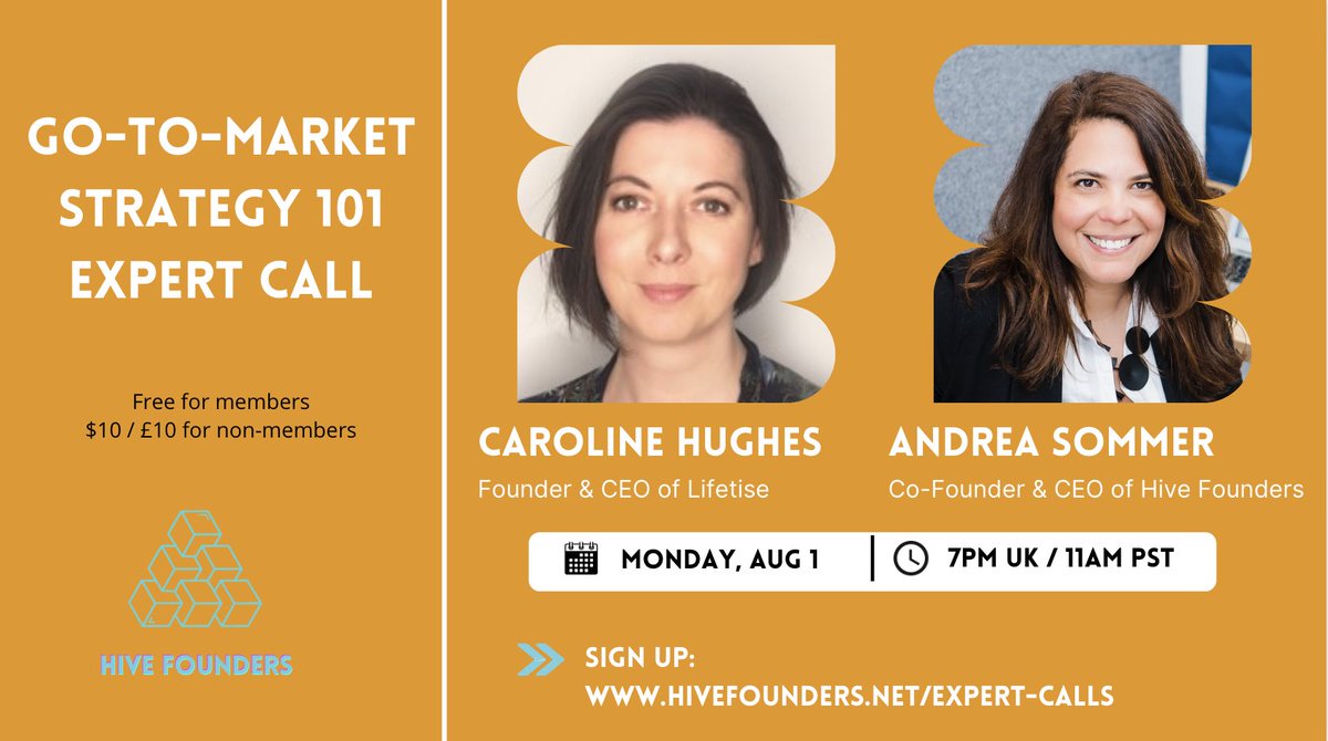 Last chance to sign up for our go-to-market strategy 101 session next Monday at 7pm UK / 11am PST. 

Register at: hivefounders.net/expert-calls

@Caz_Lifetise <a href="/andreasommer/">Andrea Sommer</a> <a href="/Feliciatedx/">Felicia Meyerowitz</a> #femalefounders #gotomarket