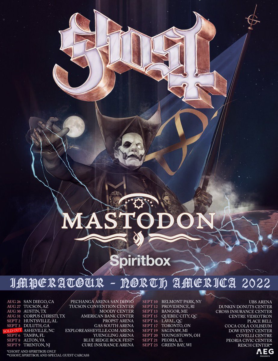thebandGHOST's tweet photo. [MESSAGE FROM THE CLERGY]
 
We wish to inform you Ghost will be haunting North America this Summer 2022 on the IMPERATOUR with special guests @mastodonmusic &amp; @spiritboxband. Tickets are available at https://t.co/cCv75dSj3J https://t.co/svaEsMSAK3