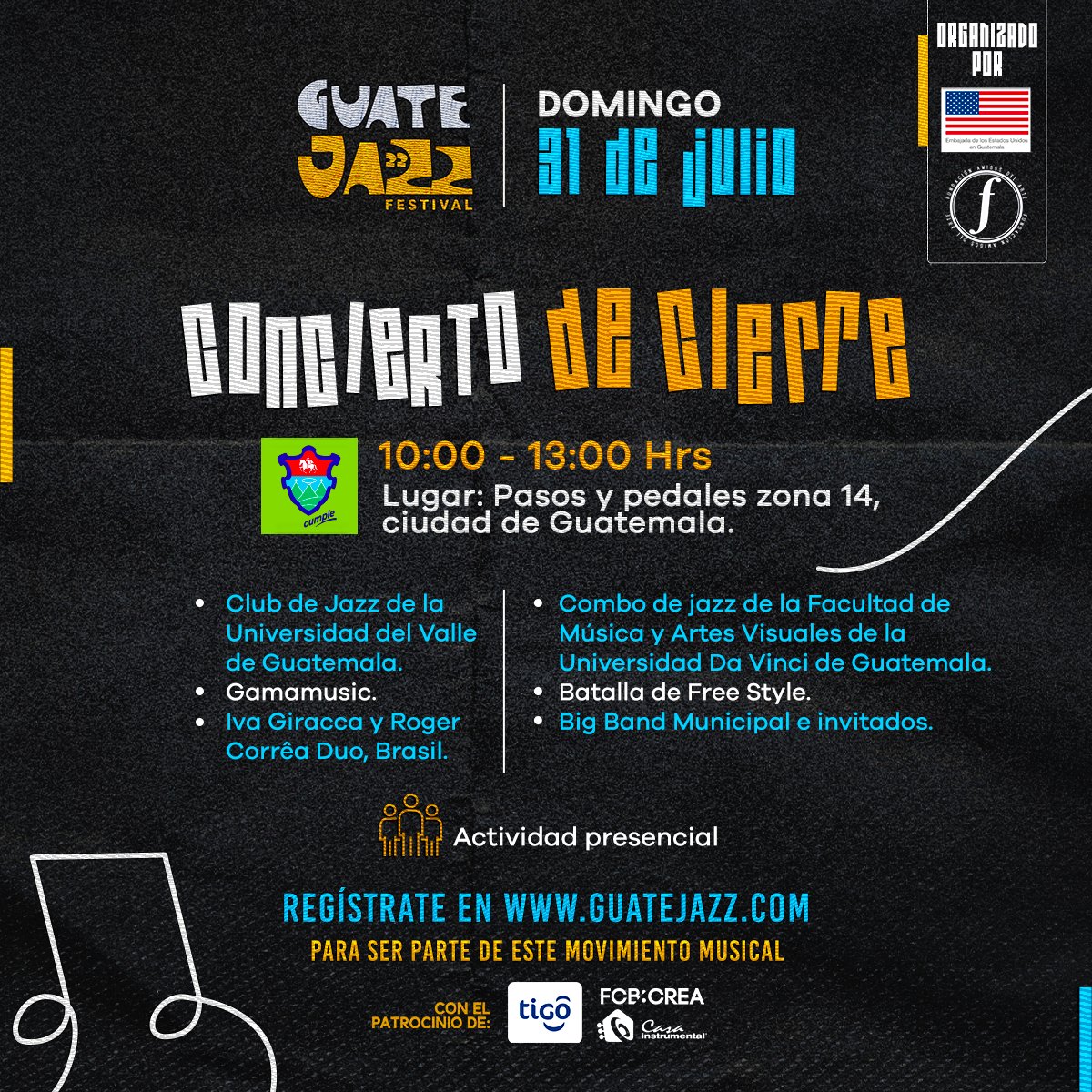 ¡Este domingo es nuestro evento de cierre de Guatejazz 2022!

Acompáñanos a partir de las 10:00 am en Pasos y Pedales zona 14 para disfrutar de un buen jazz junto a nuestras bandas invitadas 🎶🎷🎸

#Guatejazz2022