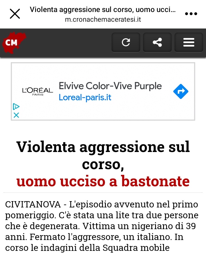MarzolaLaura's tweet photo. Civitanova Marche, MC - Governo FdI #Meloni 
Italiano uccide a bastonate un nigeriano per futili motivi. 
"Non siamo razzisti ma..." 
#28luglio #Governo #FdI https://t.co/Hy9KkCTeZG