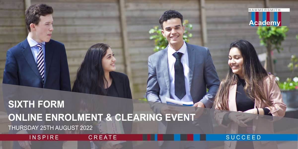 Sixth Form Enrolment & Clearing Event - Thursday 25th August 2022. -Internal applicants call from 9am -External applicants with offers call from 11:30am -External applicants for clearing spaces call from 2pm Full details >> hammersmithacademy.org/sixth-form/app…