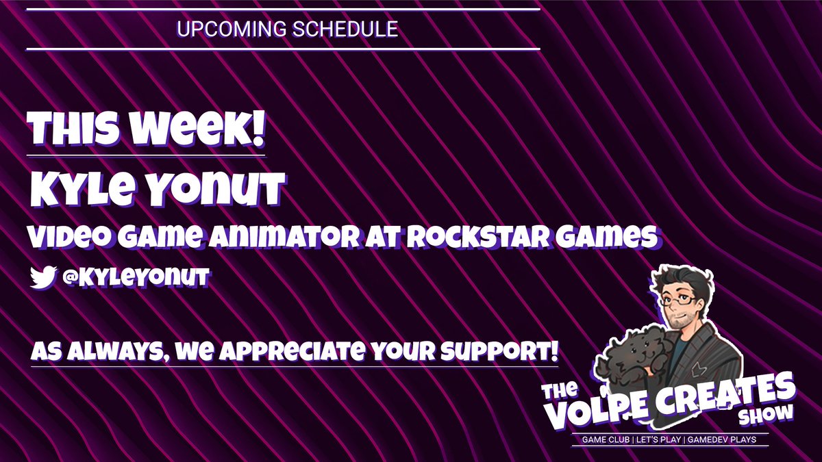 Join us in less than hour for #TheVolpeCreatesShow. Joining us today is <a href="/KyleYonut/">Kyle Yonut</a> Game Animator <a href="/RockstarGames/">Rockstar Games</a> and long time friend to <a href="/TheGDEX/">GDEX</a>. 

Starts at 1pm EST at twitch.tv/volpecreates