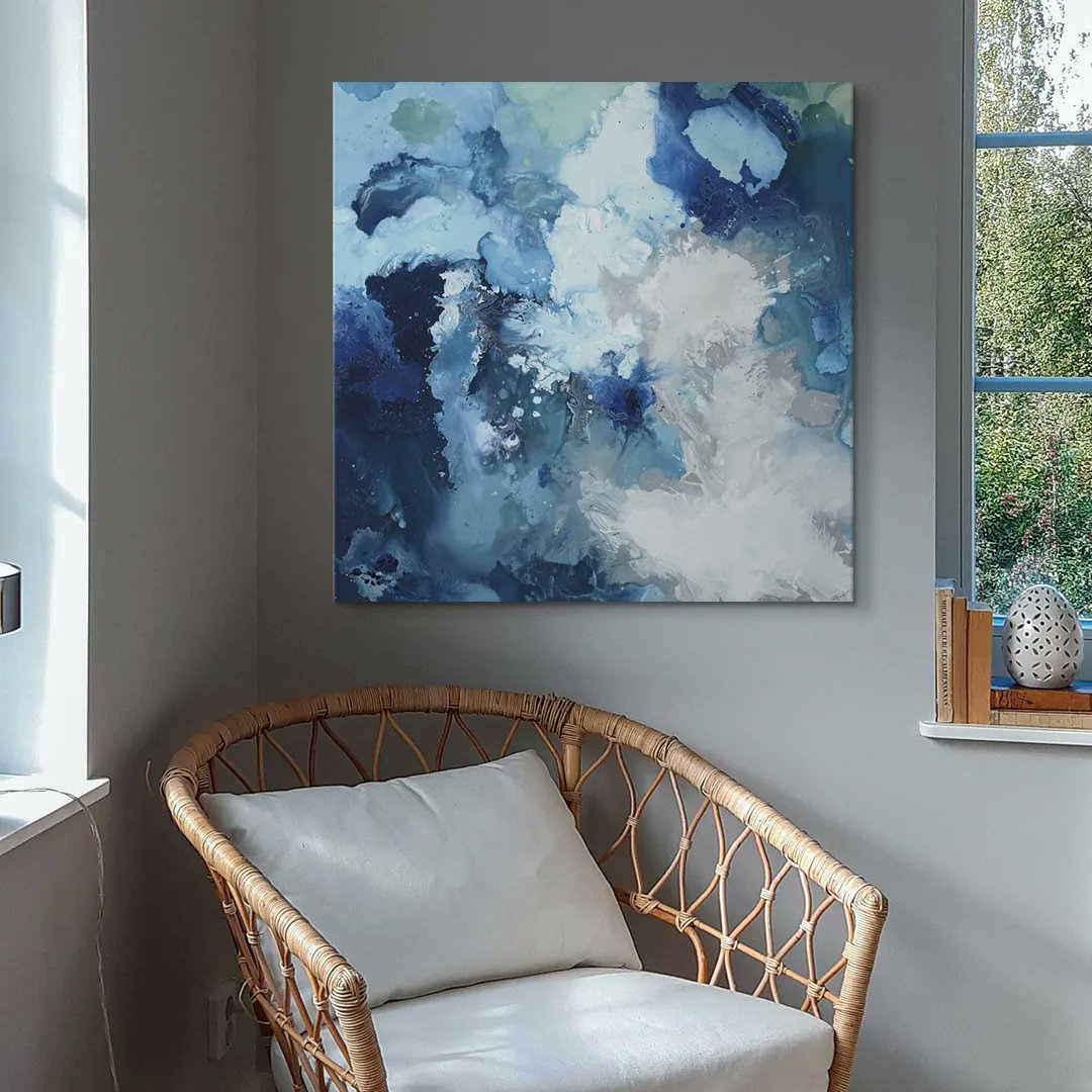 Get into the Blue Flo. 💙 All you need is Randy Hibberd's contemporary abstract painting of blue tones swirling around to create a flowing cloud like forms. Hanging at the link. bit.ly/3njgkgo