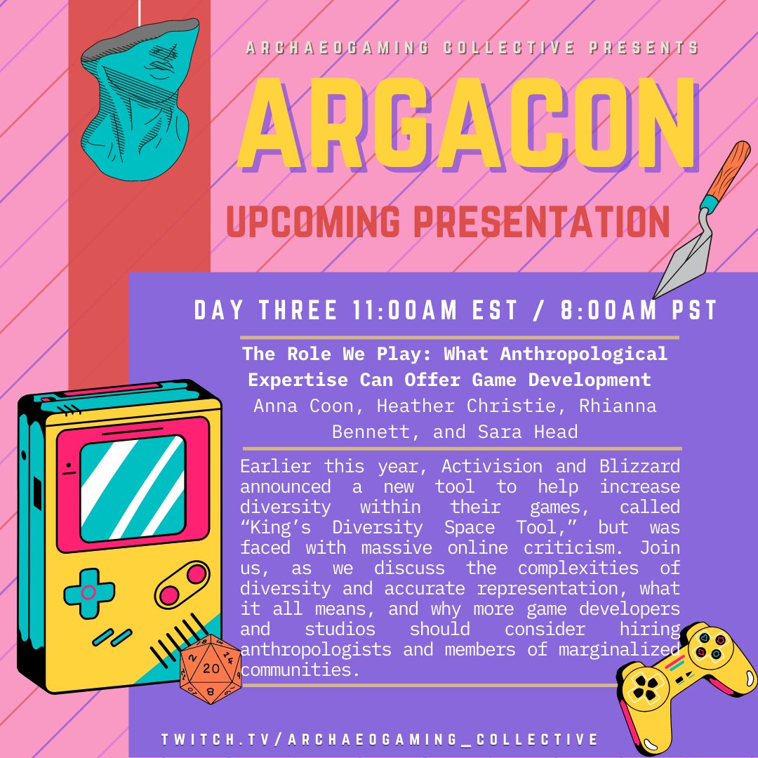 #ArGaCon2022 continues with <a href="/ShortRounde/">ShortRounde is on Bluesky 🦋</a> @ArchaeoPlays <a href="/rhiannambennett/">Rhianna Bennett</a> &amp; <a href="/ArchyFantasies/">Archyfantasies: probably starting again in 2024</a> at 11:00am Eastern/ 8:00am Pacific!  #archaeology #anthropology #archaeogaming #videogames #ttrpg twitch.tv/archaeogaming_…