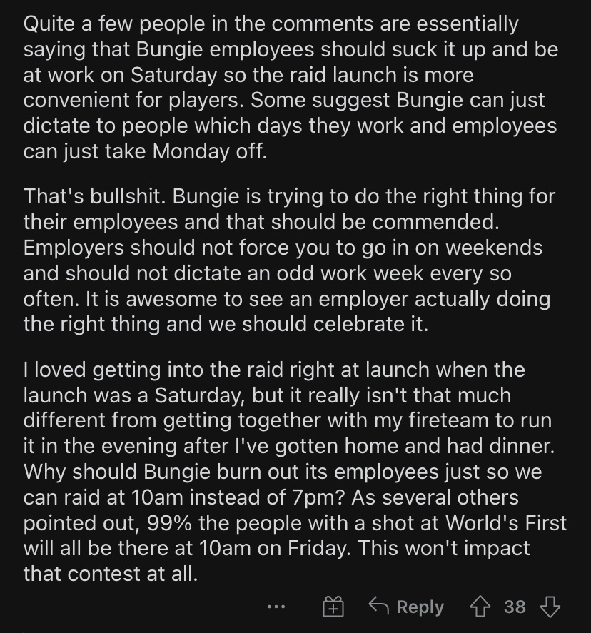 I don’t think I could have said it better myself. Thank you <a href="/Bungie/">Bungie</a>  for putting your employees first.