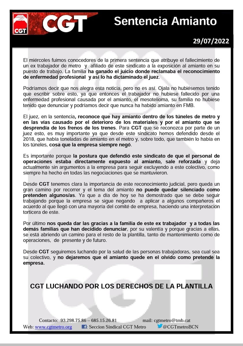 Durante años hemos defendido que el #Amianto era la causa de enfermedades y muertes en #MetroBcn 
La justicia también lo ve así des de esta sentencia. Aunque <a href="/TMB_Barcelona/">TMB</a> recorrerá porque les cuesta reconocer su responsabilidad