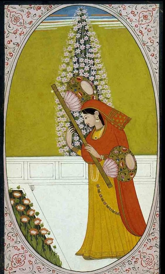 kamlesm's tweet photo. Vain Nayika? heard? 
1800s Pahari painting from Garhwal via @vmistweet 
playing musical Instrument earlier called as Been बीन  now Veena वीणा, seems on terrace in palace garden as flowering plant depicted in background
it could be part of large painting?
a painting on नायिका भेद https://t.co/YyKMqtayEs