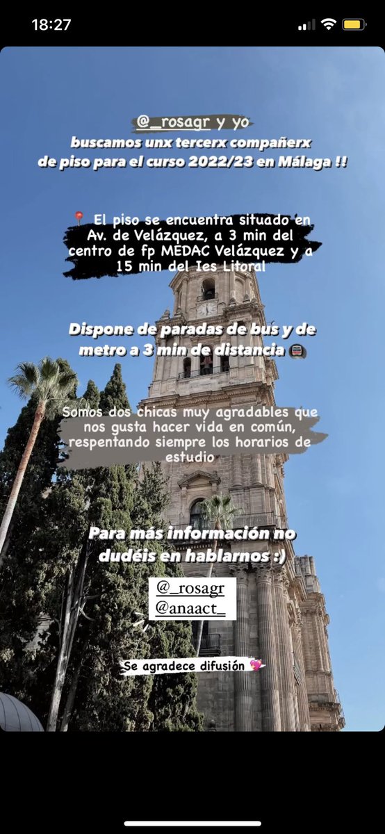 Anaact1's tweet photo. Se agradece difusión!! 🫶🏽@_rosagarcia25  
#pisomalaga #pisosUMA #PisosCotilleoUMA #queydondeestudiar2022 https://t.co/7060w6Ney0